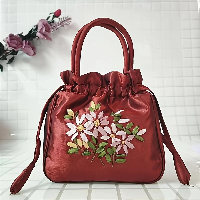 Floral Pettern Handbag, Women's Fashion Nylon Drawstring Phone Bag Double Handle Purse