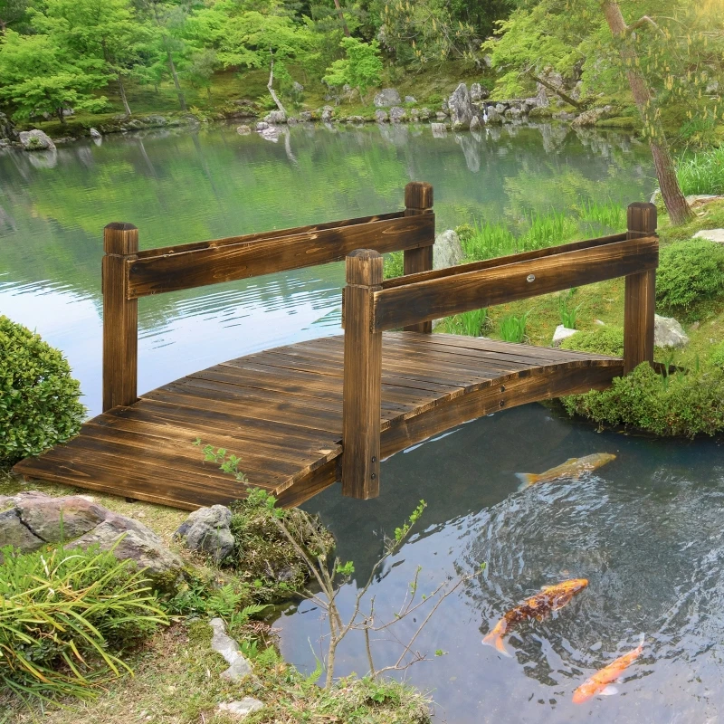 Wooden Garden Bridge with Planters on Safety Railings, Stained Finish Arc Footbridge for Pond Backyard Stream