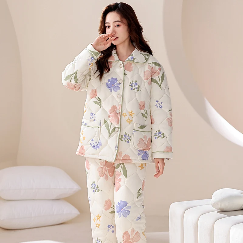 Winter Thick Warm Women Floral Pajamas Set Female Three Layer Clip Cotton Sleepwear