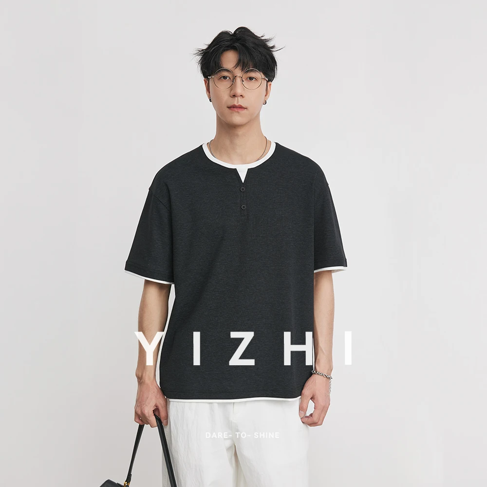 Fashion Fake Two-piece Retro Henry Collar Knitted Short-sleeved 2026 Summer T-shirt Men's American