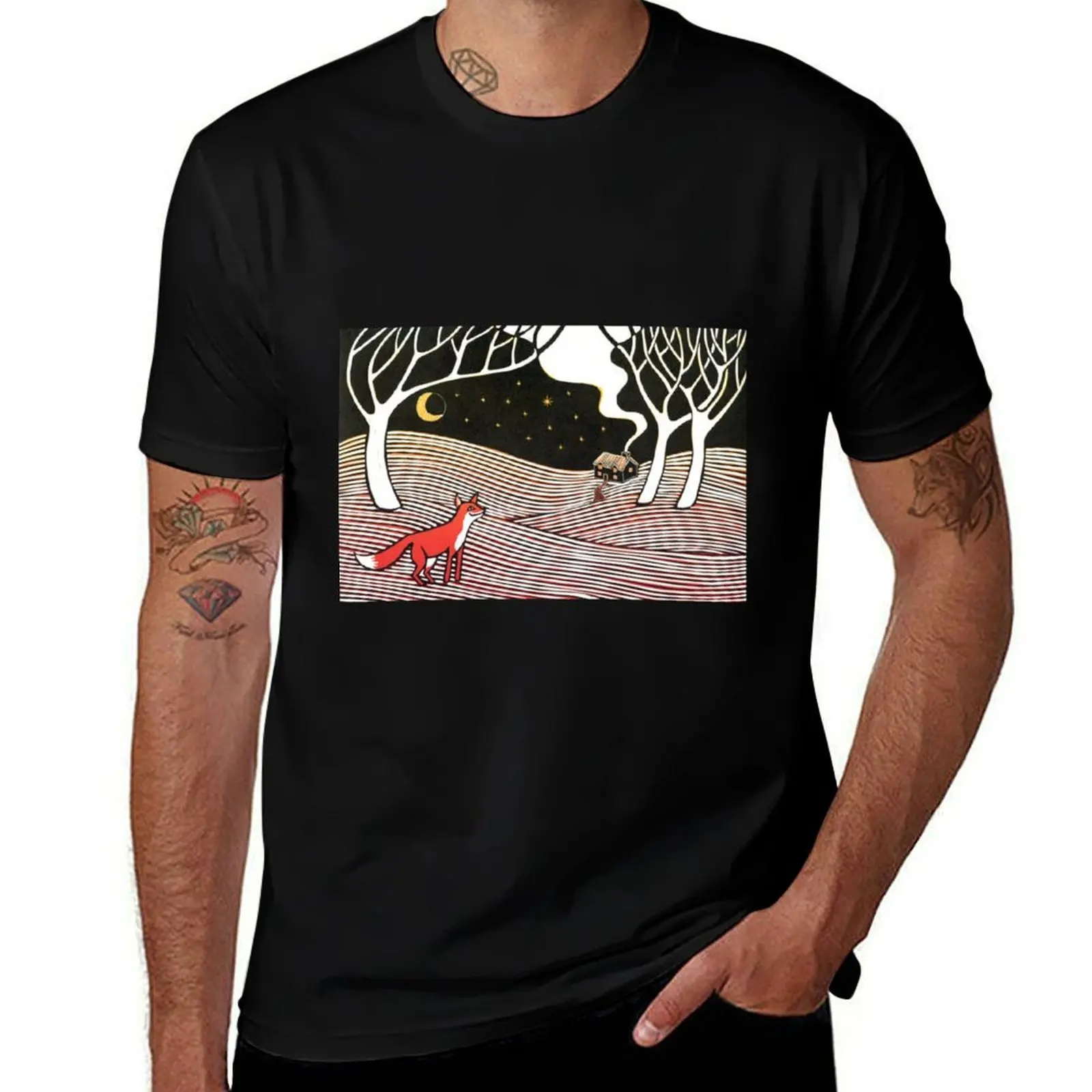 Stargazing - Fox in the Night - linocut by Francesca Whetnall T-Shirt Basic Lightweight Short Sleeve Tee T-Shirt