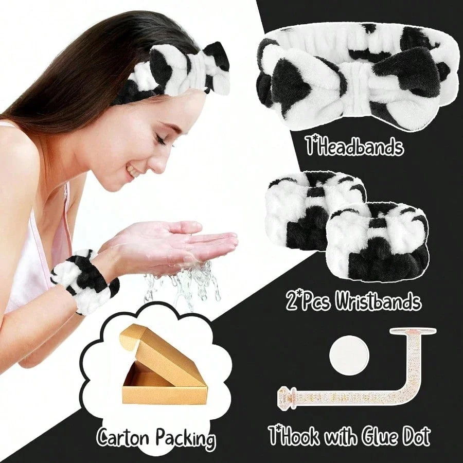 

Cow Print Microfiber Headband And Wristbands Set For Face Washing Absorbent Elastic Hair Band