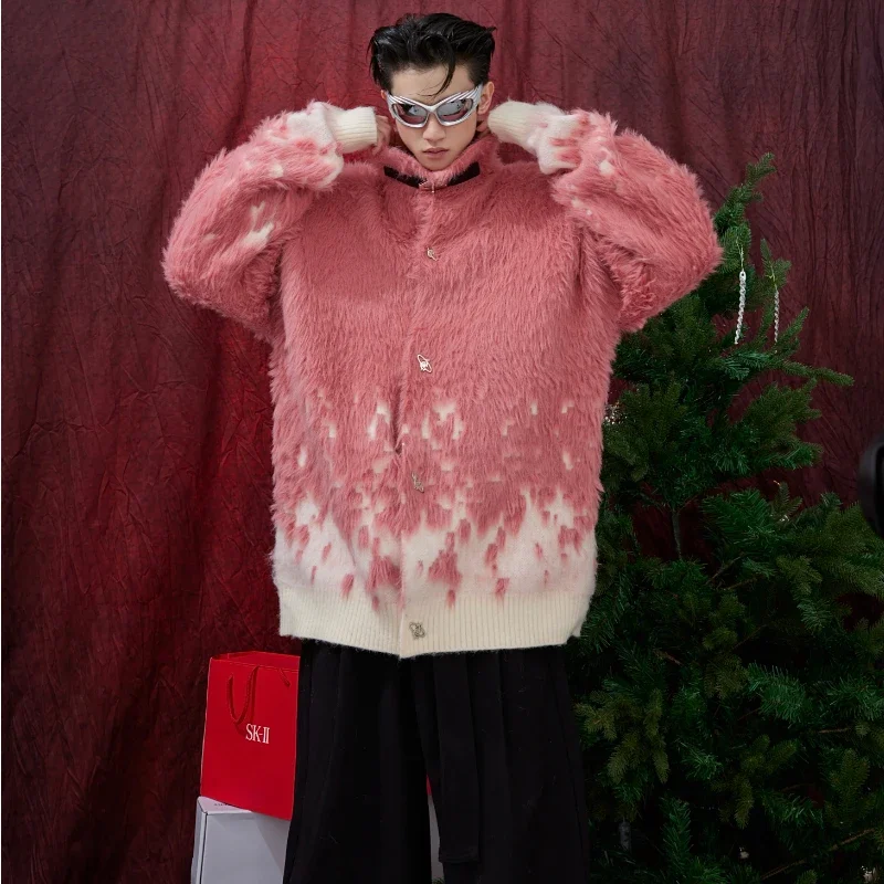 Autumn Gradient Sweater Men Imitation Mink Fur Stand Collar Metal Buttons Christmas Knitted Pullover High Street Oversize Jumper