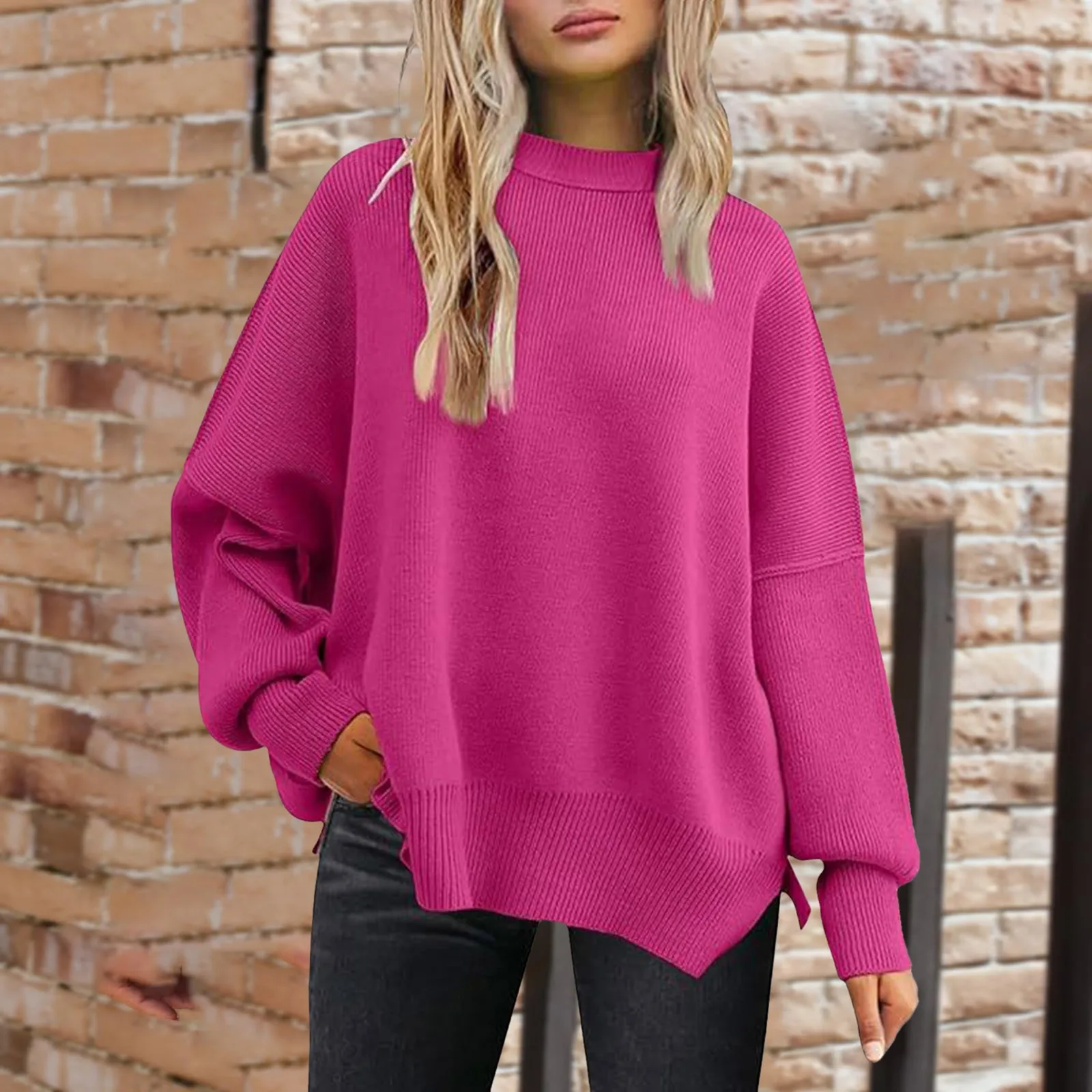 

Women'S Solid Color Oversized Knit Sweater Crew Neck Long Sleeve Loose Comfortable Warm Jumper Fashion Side Slit Casual Sweater