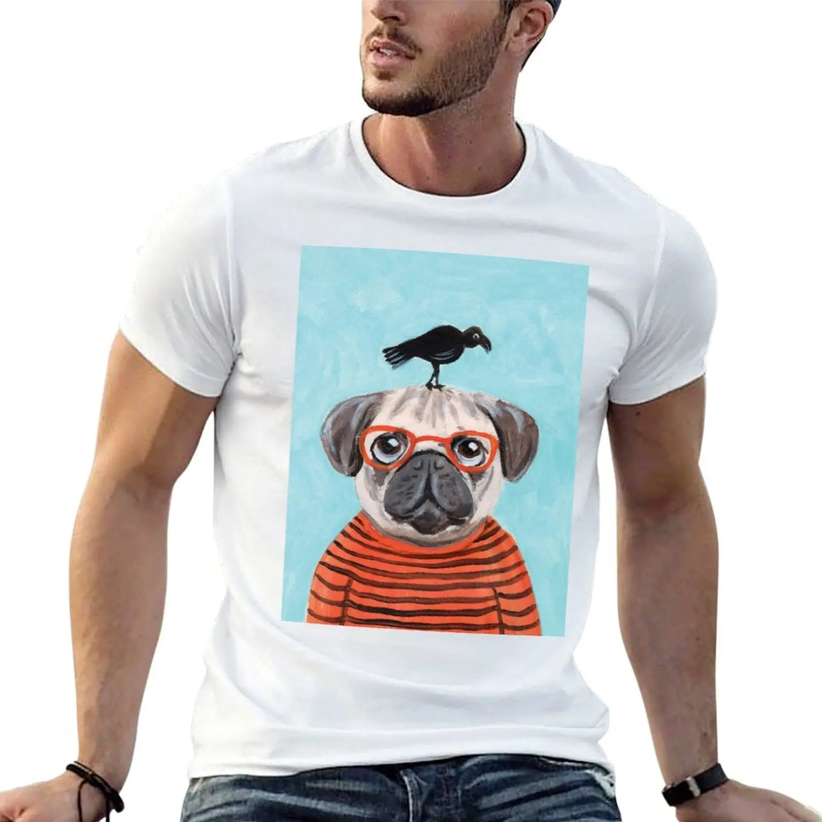 

Pug With Crow Colorful Pugs Art Dog Pet Lover T-Shirt anime t shirts oversize t shirt man plain T-Shirt