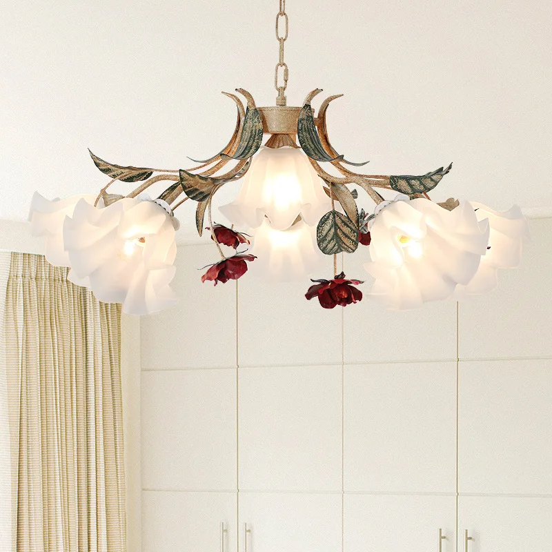 Pastoral bedroom chandelier French living room children's room wrought iron flowers and plants warm American retro princess