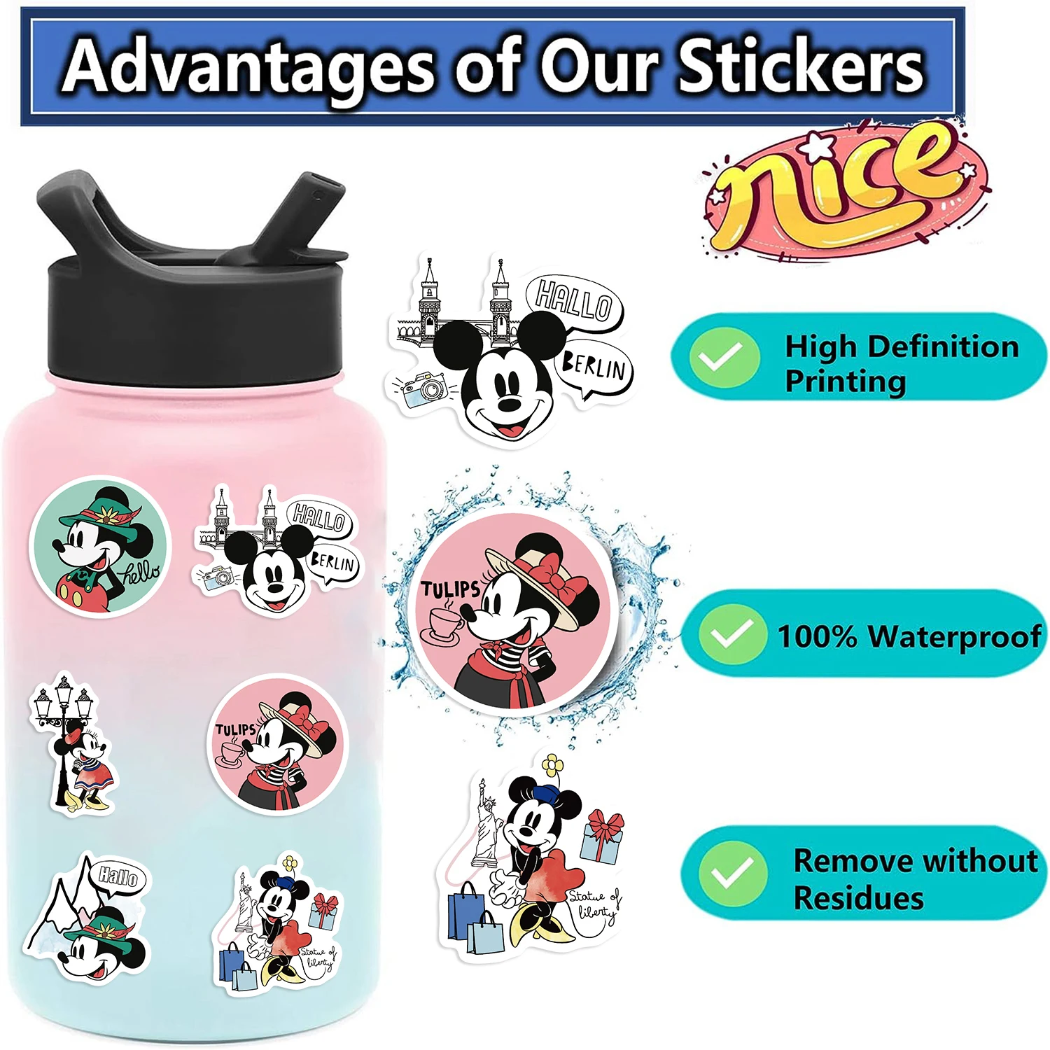 50PCS Disney Movie Mickey Stickers Cute Cartoon Decal DIY Skateboard Laptop Motorcycle Cool Cute Cartoon Sticker Pack Kids Toy