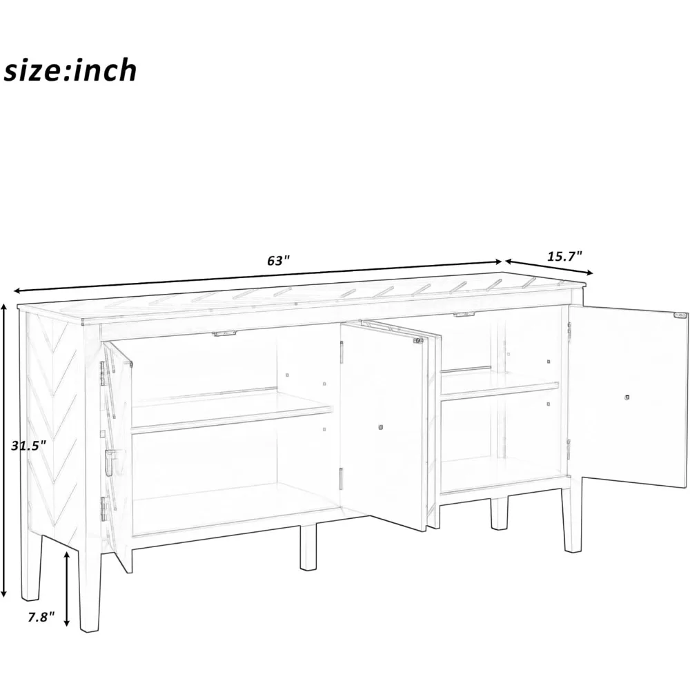 Geometric Line Patterns Sideboard with Four Door and Vintage Metal Handles