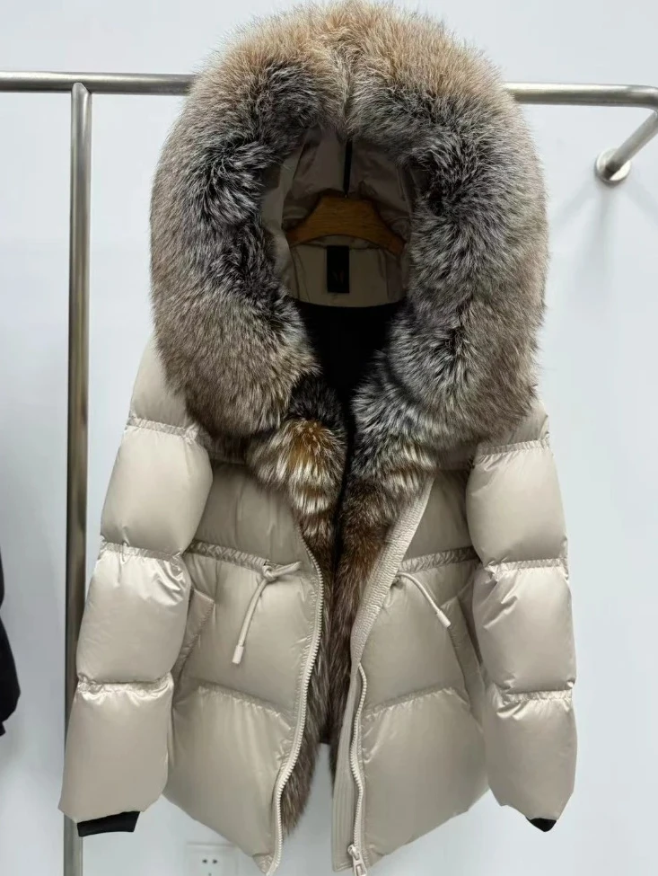 الفراء الحقيقي سترة منفوخة سيدة الثعلب الفراء سترة المرأة فضفاضة مقنعين الأبيض أوزة أسفل معطف الإناث جديد الخريف الشتاء سميكة الدافئة الطبيعية #1