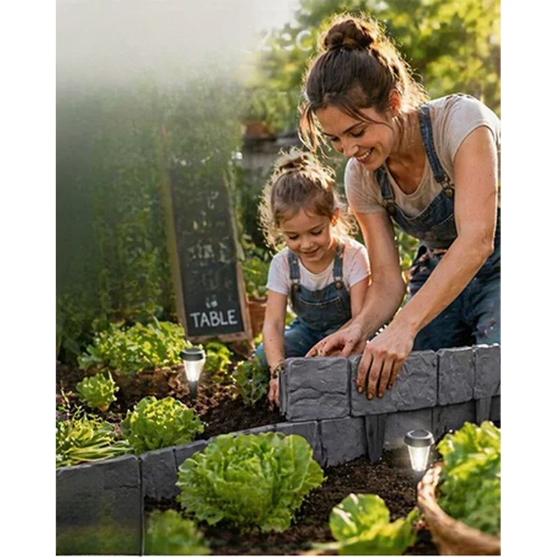 20pcs Imitation Stone Plastic Garden Edging Border, Grey Cobbled Effect Interlocking Retaining Fence for Lawn Flower Bed Landsca
