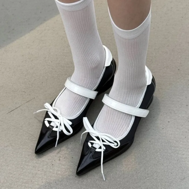 

Pointed Toe Mary Jnae Shoes Women Autumn 2025 Sexy Mid Heels Work Dress Sandals Large Size 35-43 Chunky Lace Up Shallow Shoes