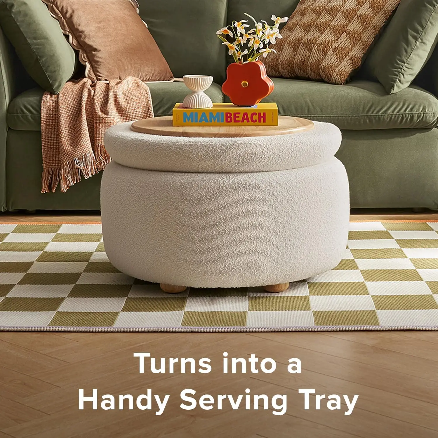 لونا مسند دائري مع مساحة تخزين وصينية، طاولة قهوة مستديرة مع مساحة تخزين، مقاعد قدم منجدة عثمانية لغرفة المعيشة