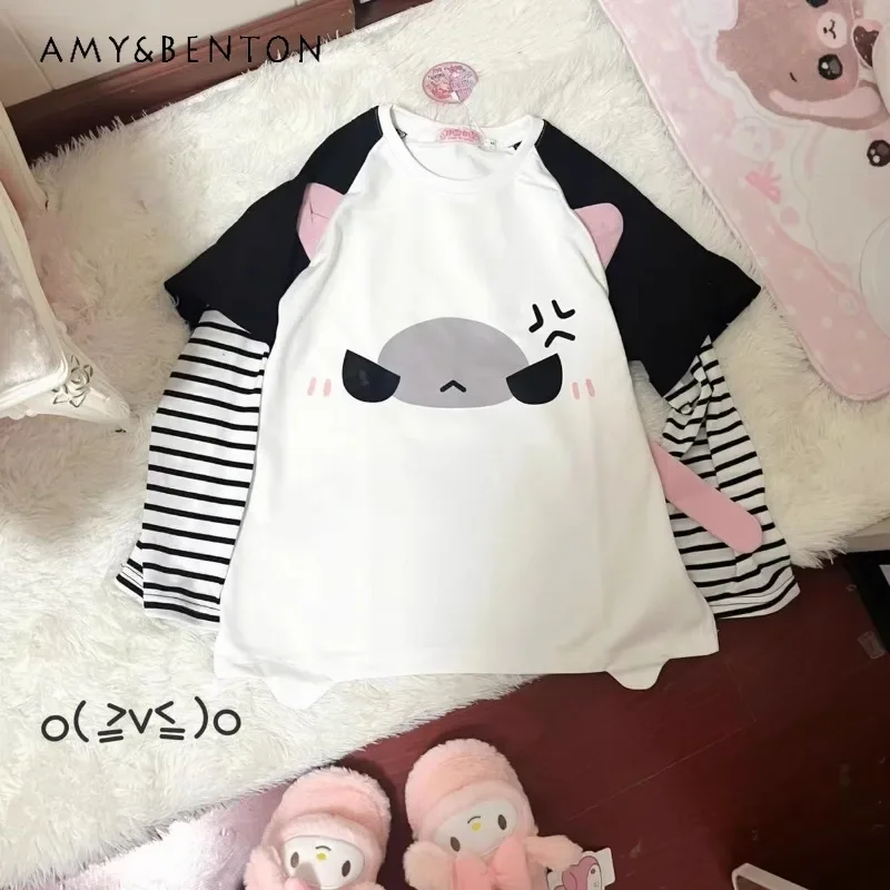 Spring New Original Japanese Cute Fake Two-piece Cartoon Kitten Ears Color Matching Striped Long-Sleeved Sweater Top For Girl