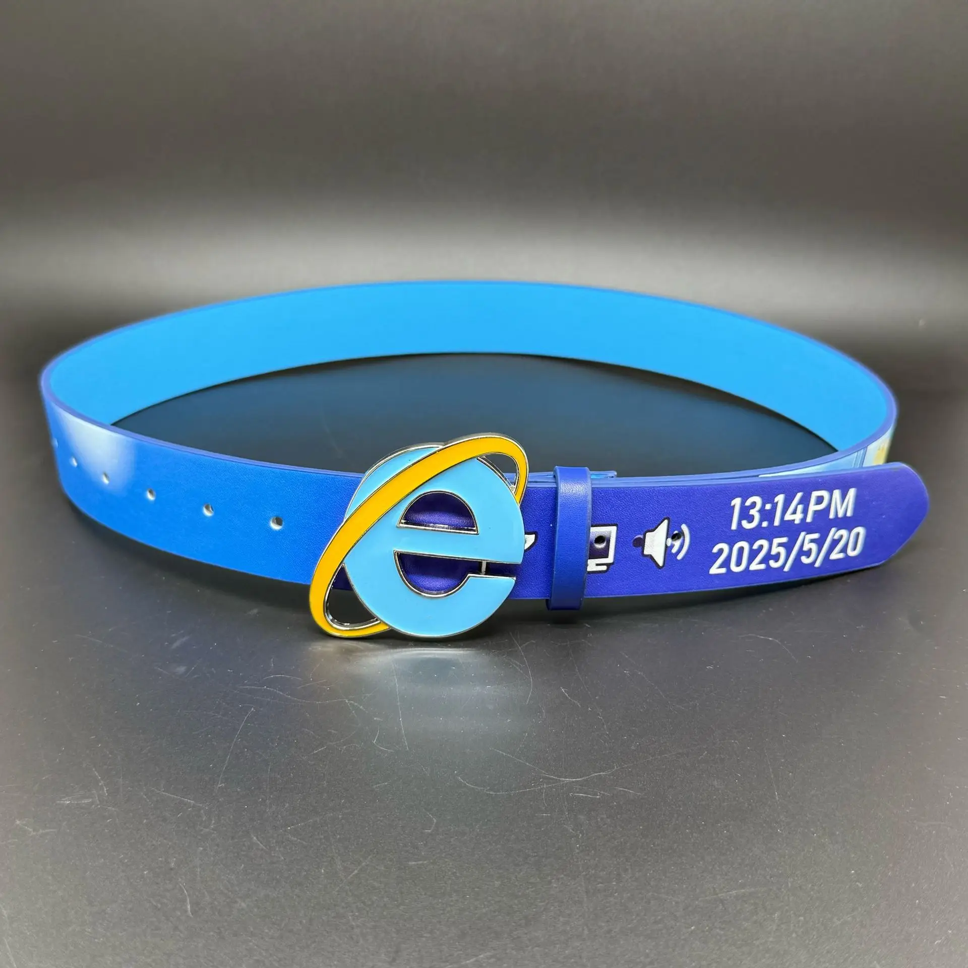 New Novelty Blue Retro Tech Style Pu Leather Belt with E Buckle Y2K Nerd Internet Meme Waistband Cool Fashion Accessory for Men