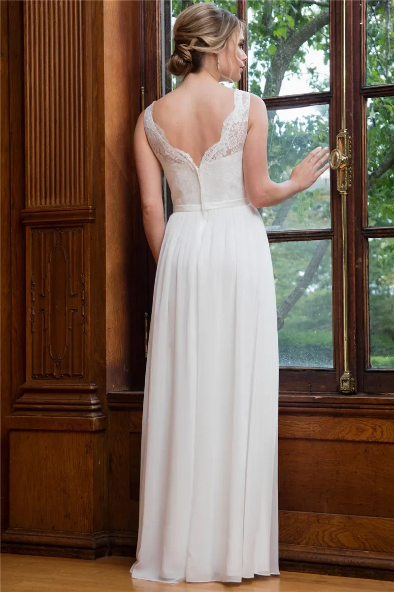 A-line wedding gown features lace top, chiffon skirt Elegant Lace Bridal Gowns Wedding Dresses Floor Length  Custom Made