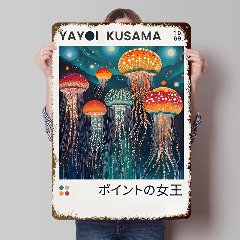 Yayoi Kusama Quallen-Kunstdruck Poster, personalisierte Vintage-Metallschilder, Wandkunst, Retro-Blechschild für Raumdekoration, Schreibtischdeko
