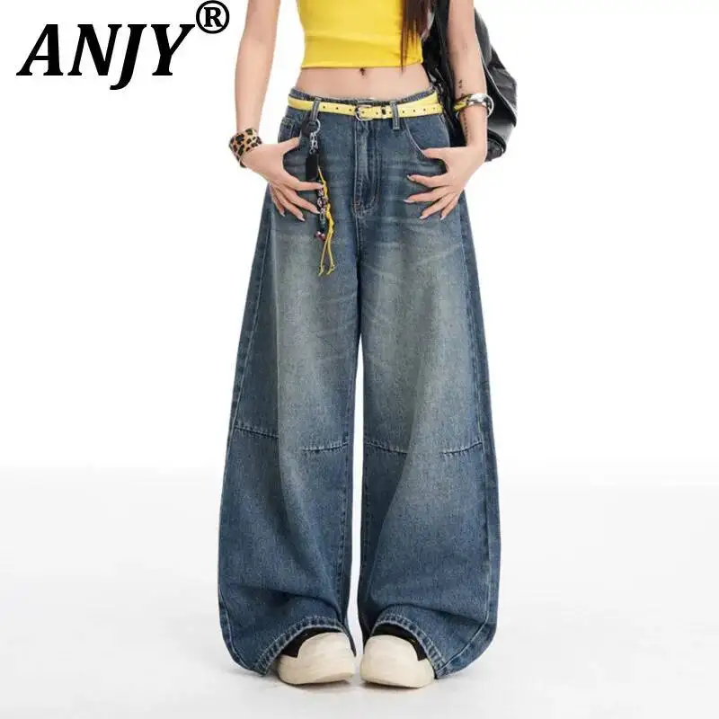 

ANJY Spring Autumn New Women Streetwear American Style Retro Washed Jeans Loose Casual Ins Versatile Wide Leg Denim Pants A23050