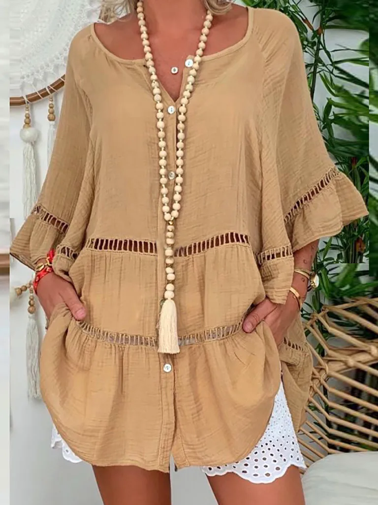 Lâche évider t-shirt quart Sve Dr femme décontracté Faion Polyester fibre une ligne jupe ort longueur U Ne Dr