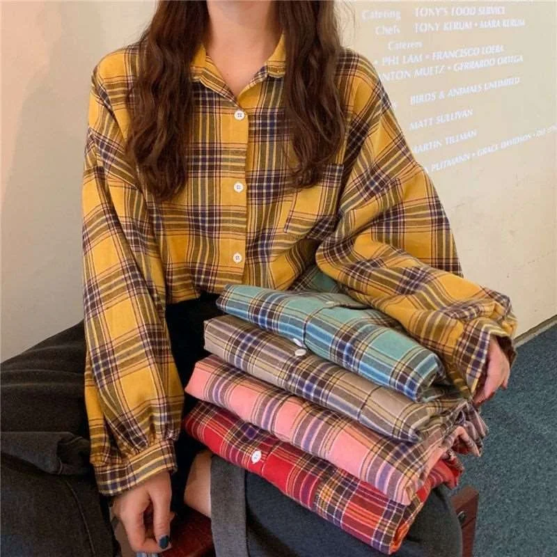 

Женская рубашка в клетку свободного кроя, новая коллекция весна-лето, стиль Cleanfit, с рукавами-фонариками, длинными рукавами, воротником, из тонкой ткани