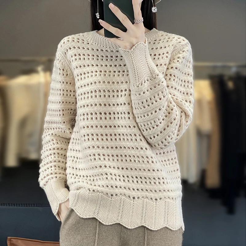 Women's spring and autumn pullover sweater hollowed out 100% merino wool solid color O-neck cashmere fashion sweater blouse