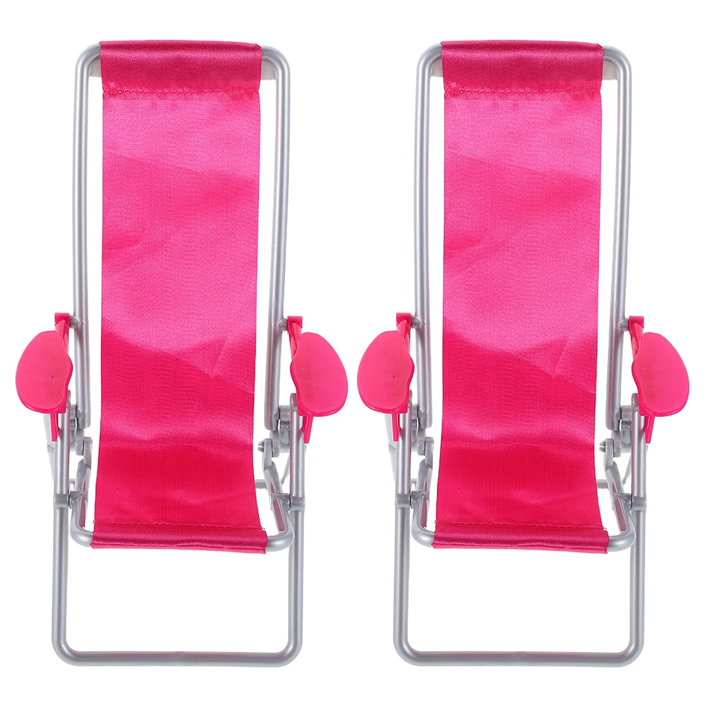 

2 Pcs Pink Beach Chair Ornaments Mini Foldable Plastic Dollhouse Furniture Decoration Wooden Miniature Polyester Model Chairs