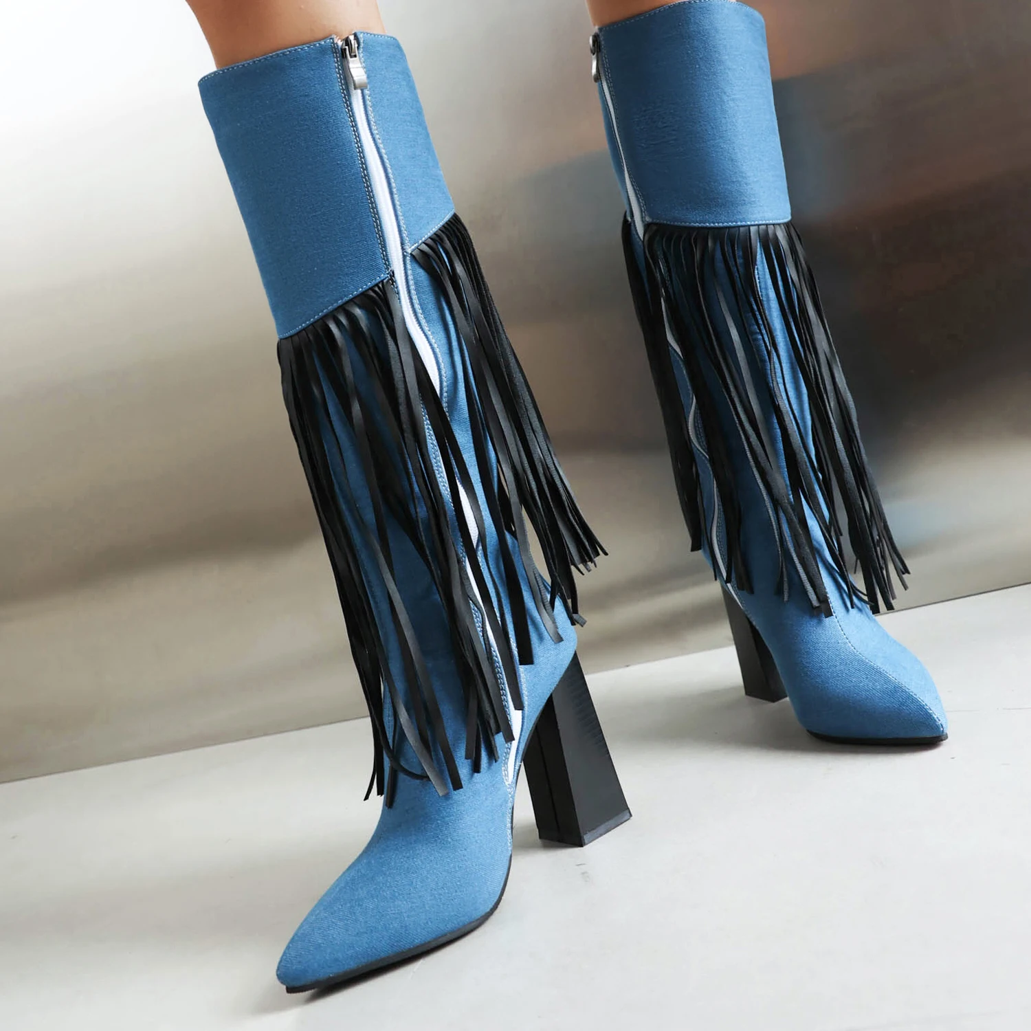 Retro Fringed Western Cowboy Boots Pointed Head Square Heel Heel Heightened Slim Zipper Knight Boots Sexy Women's Boots 34&46