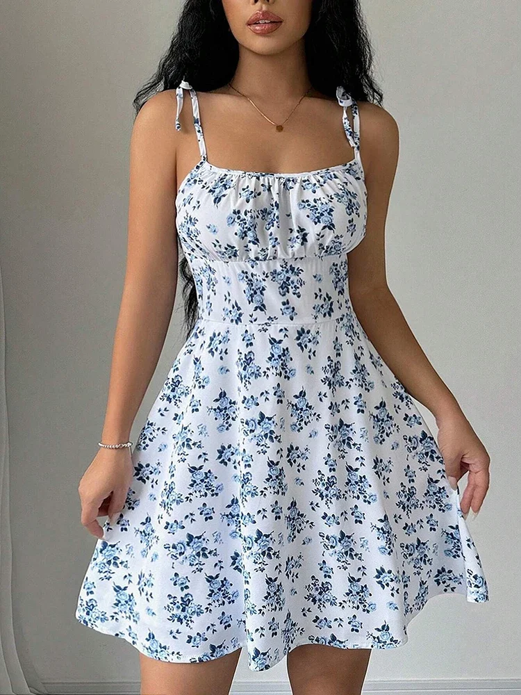 Vestido corto de playa con tirantes finos florales de verano para mujer, vestidos para mujer, ropa de mujer, ropa de mujer, vestido, nuevo en vestido 2025