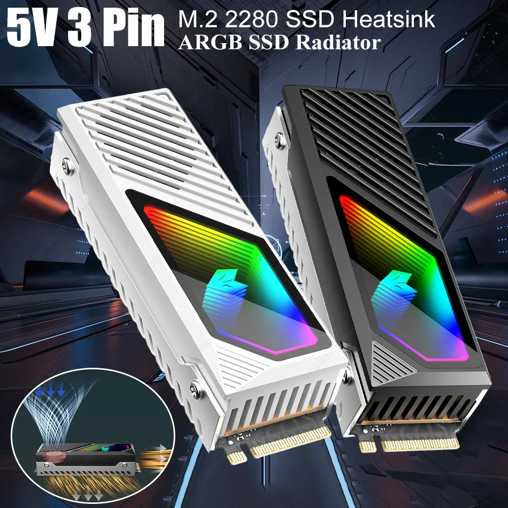 

M.2 2280 SSD Heatsink Heat Sink Cooler with Thermal Silicone Pad 5V 3 Pin ARGB Hard Drive Heatsink Built-in Fan for M.2 2280 SSD
