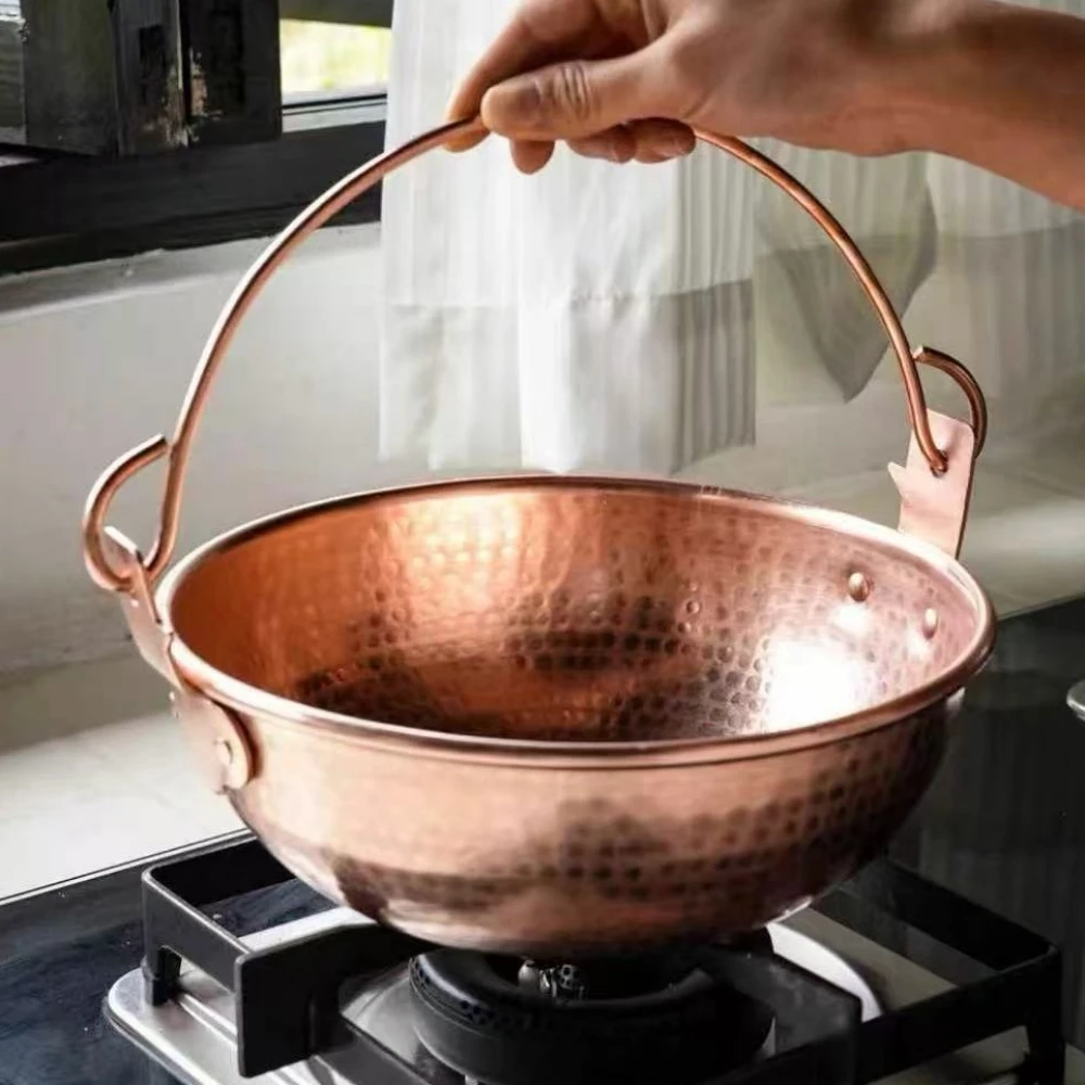 Vintage Copper Hanging Pot,Outdoor Camping Thickened Pot Cooking Utensil Simmering Pasta Stewing,Handcrafted Hammer Texture Pot view 5