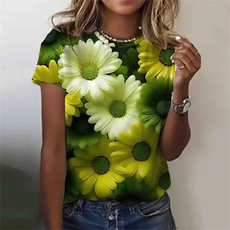 

Full Printing Flowers Graphic Women's T-Shirts Summer Short Sleeve Crew Neck T Shirt Clothing New In Female Casual Tees Tops