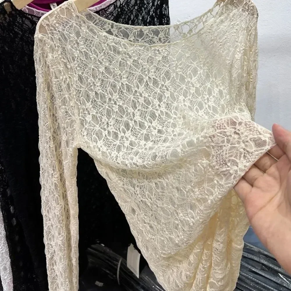 2025 Sexy and slightly transparent black lace shirt women long sleeved Spring and Autumn New slim fit inner layer with mesh