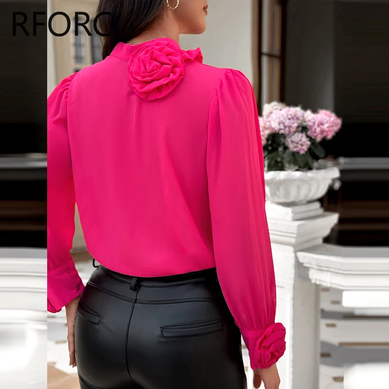 2023 Women Edible Tree Fungus Stand Collar Three Dimensional Decoration Floral Rose Red Blouse Top