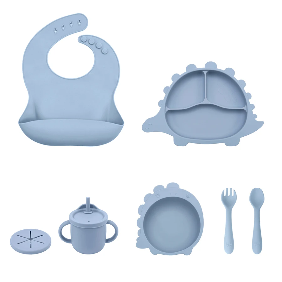 BPA Free Baby Bibs com elefante dos desenhos animados, tigelas, pratos, colheres, garfos, conjuntos, Baby Cup, Dinner Dishes, alimentação de itens