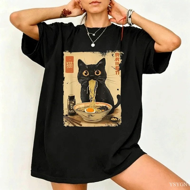 Cotton Stylish Vintage Kawaii Cat Ramen Graphic T-Shirt Men Women Cotton Comfortable Crew Neck Short Sleeve Tshirts Clothes Tops