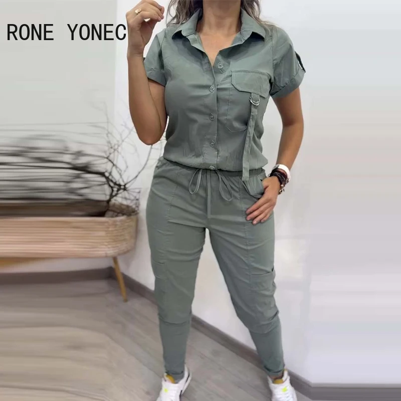 2024 Women Turn Down Collar Short Sleeves Shirt Top & Elastic Waist Multi Pockets Cargo Pants Sets