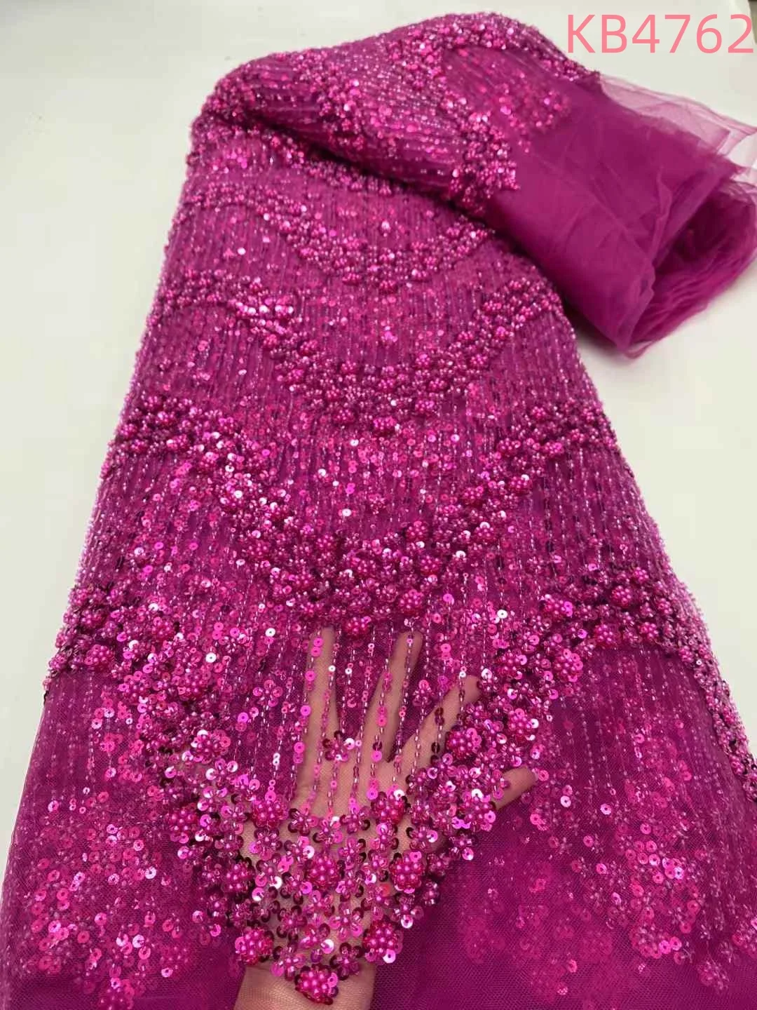 Tela africana de encaje de alta calidad, Secuencia púrpura 2025, tela de encaje de malla francesa, encaje bordado de tul con cuentas para coser KB4762