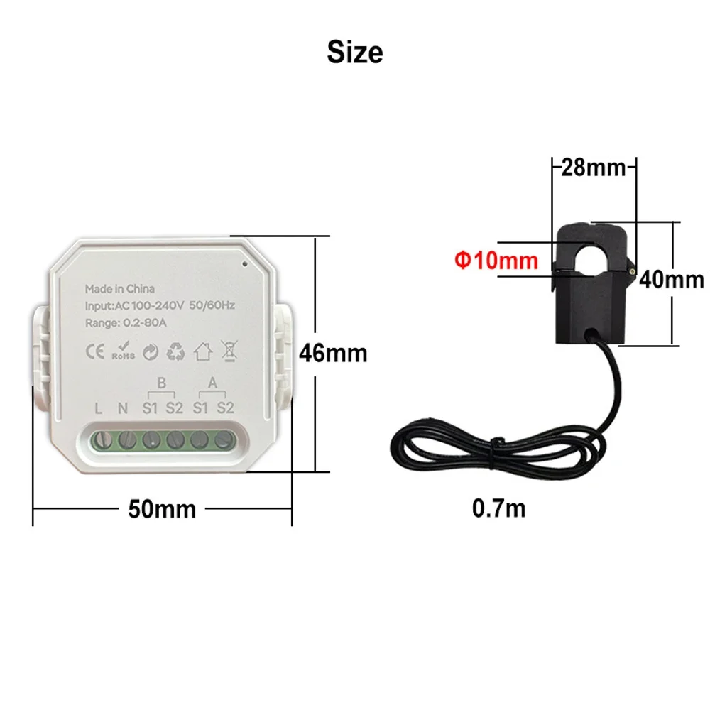 Tuya Smart Wifi Energiemeter 2 Kanaals met Huidige Transformator Klem App Monitor Power 80A 110 V/240 V 50/60Hz