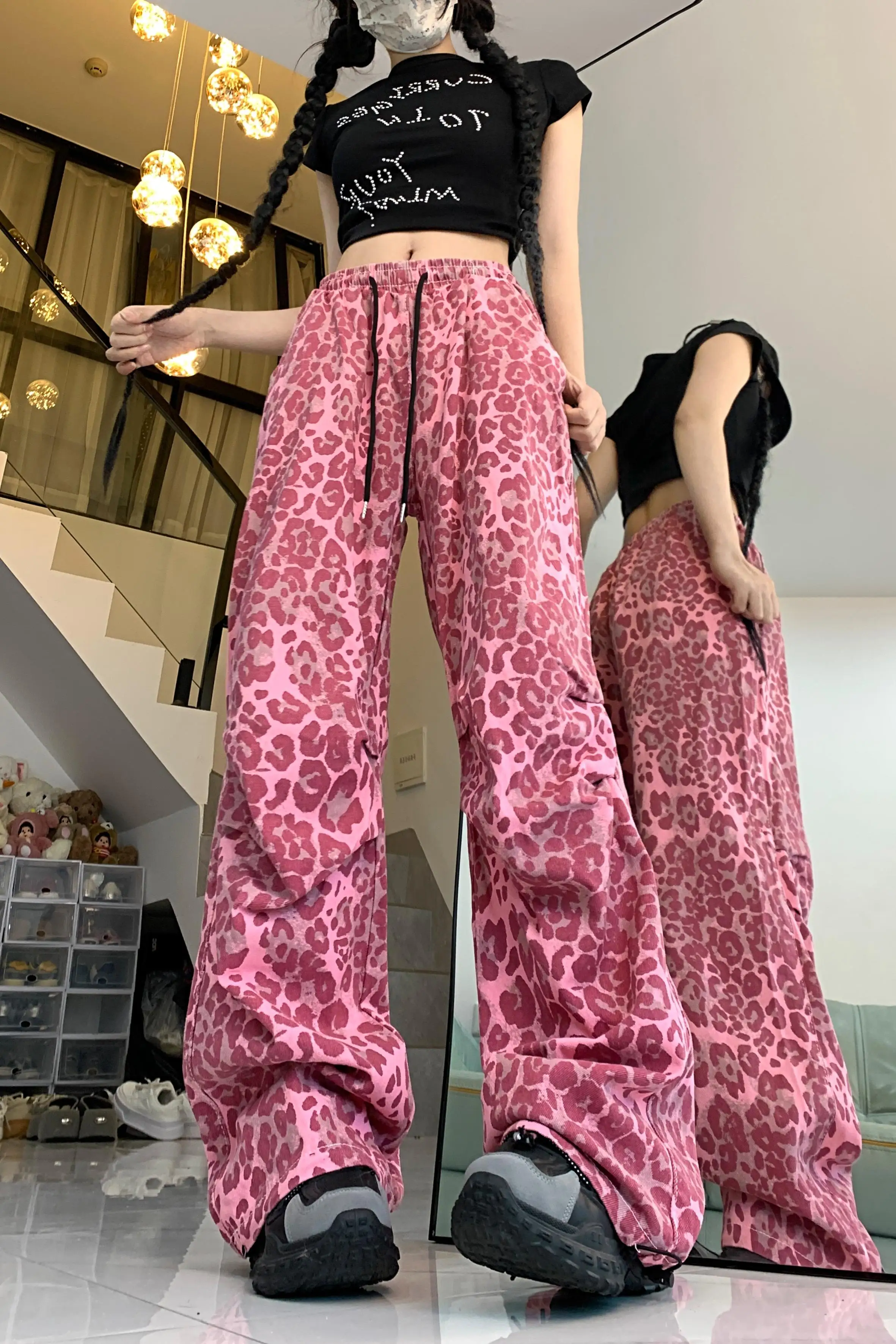 Women\'s Red Leopard Pants Jogger Harajuku Streetwear Sweatpants Loose Pants Y2k Retro 2000s Aesthetic Vintage Trousers Clothes