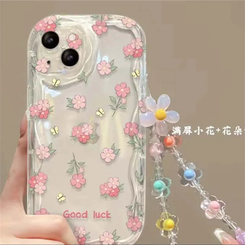 Case For OPPO A78 A98 A79 5G A58 A38 Reno 7 4G 8 11 Pro 8T Reno 5 6 Lite 5F 8Z Cover Rainbow With 3D Flower Wrist Strap Lanyard