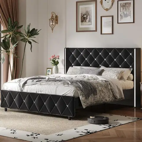 Queen Size Velvet Wingback Bed Frame with Diamond Tufted Headboard, Wood Slat Support, No Box Spring Required, Black