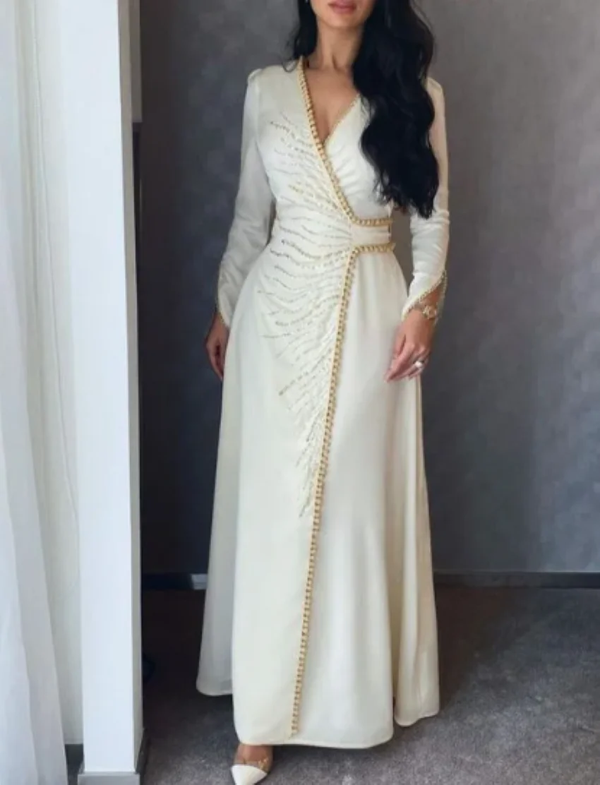 Full Sleeves Beading Satin Vestidos De Fiesta Long Formal Dress Luxury Ivory Beading Evening Dresses 2024 robes de soirée