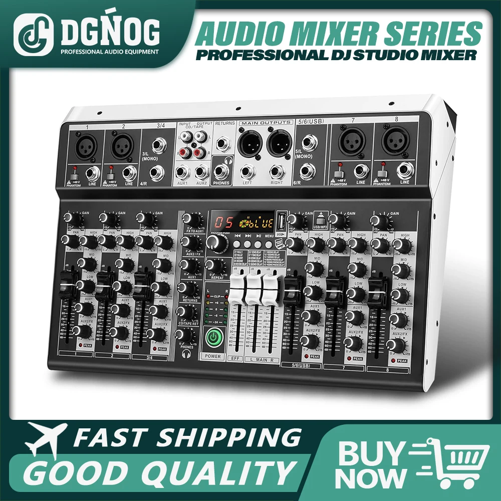 DGNOG Audio Mixer DJ Mixer 4/6/8 Channel Sound Board Console 16 Dsp USB 48V Phantom Bluetooth Mixer Audio for Karaoke Streaming