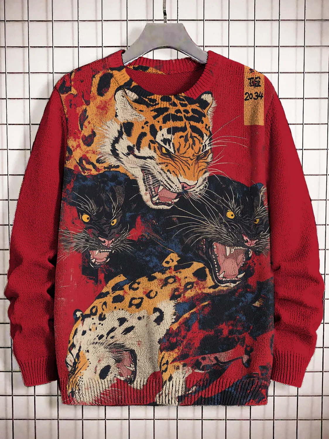 

Men's Japanese Art Painting Tiger Panther Print Knit Sweatshirt Pullover Sweater Women For Men Sweater