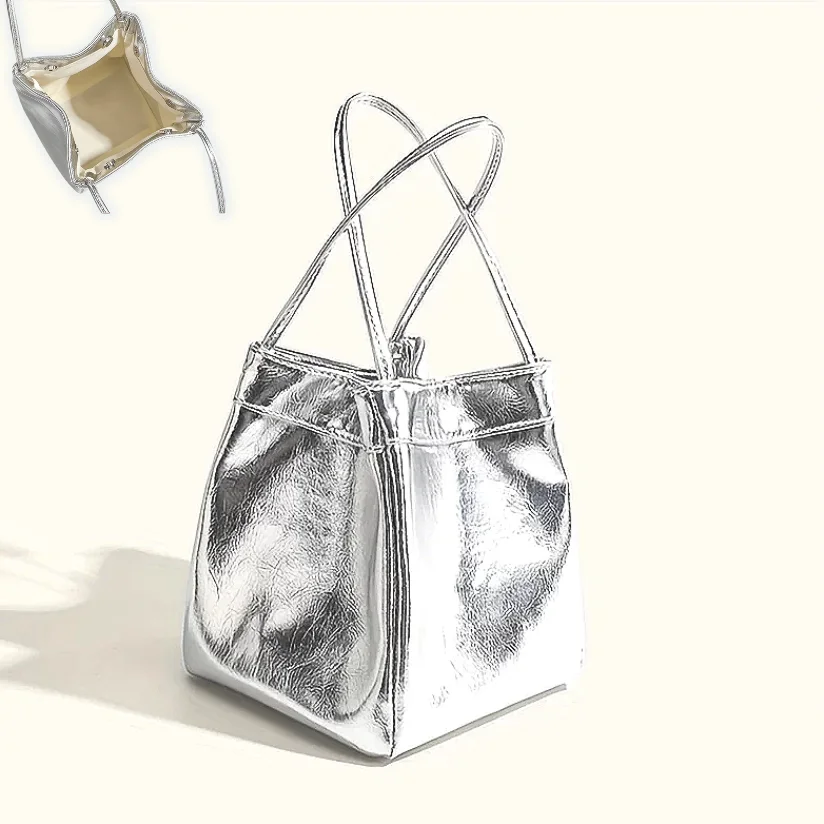 

Sparkling Silver Mini Drawstring Bucket Bag, PU Glittery Crossbody Handbag with Wallet for Women