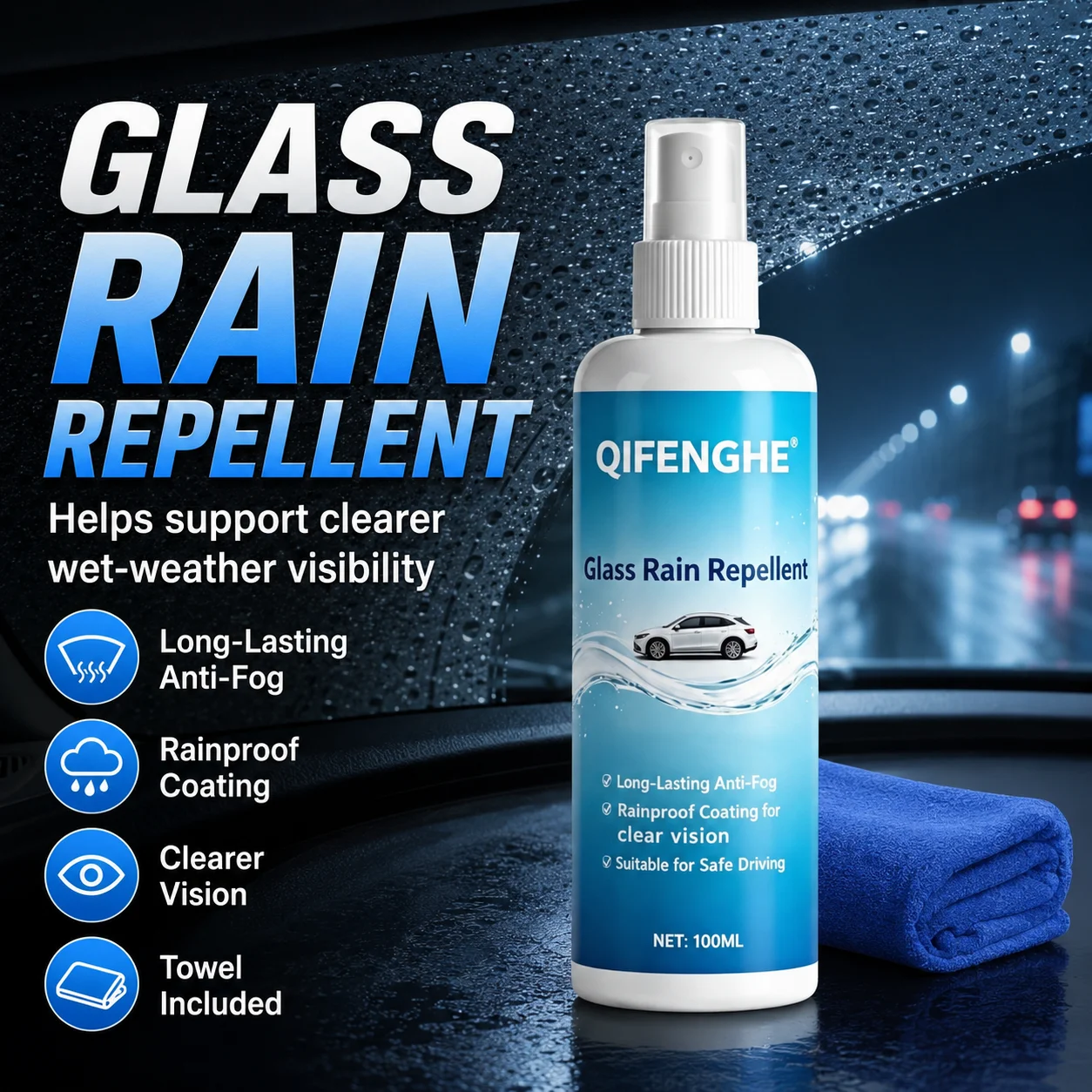QIFENGHE 100ml Car Glass Rain Repellent Spray, Long-Lasting Anti-Fog Coating for Clear Vision & Safe Driving with Free Towel