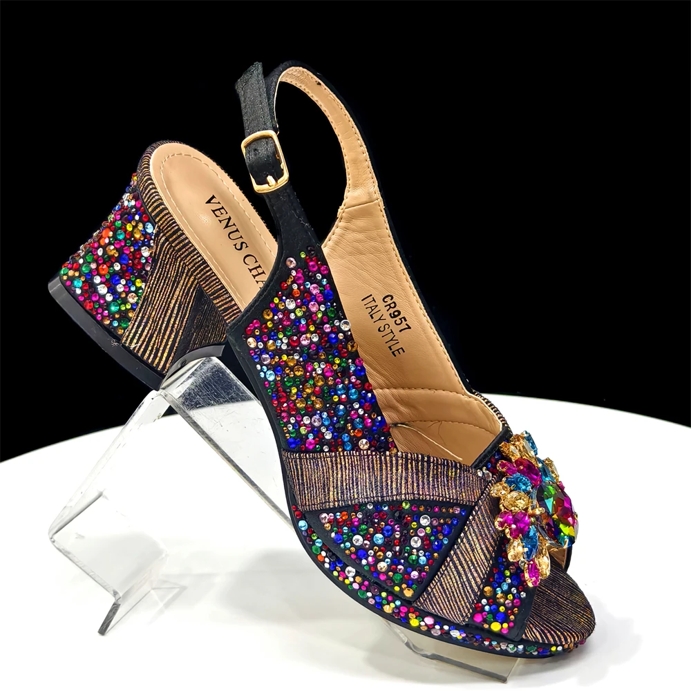 2025 Luxury Italian Women's Party Shoes & Handbag Set – Elegant Multicolor Rhinestone Peep-Toe High Heels Sandals for Weddings - view 6