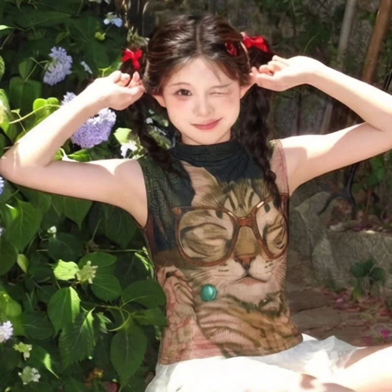 Individuality Retro INS Summer Women's High Neck New Summer Waffle Printed Top Cute Cartoon Cat Print Short Sleeve T-shirt EMO