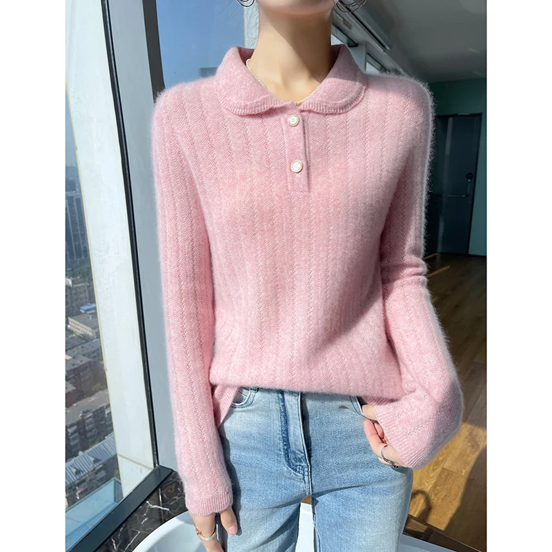 

Polo Collar Knitted Sweater For Women's Autumn Winter New High-Quality Hollow Doll Collar Pullover Top 100%Merino Wool Jumper