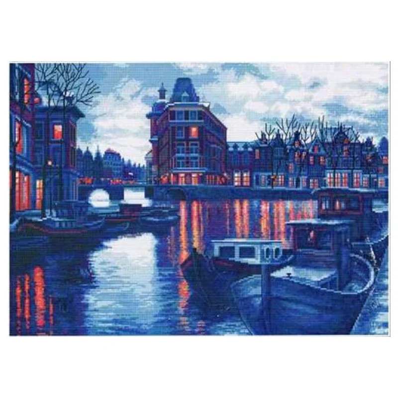 Amishop Top Quality Counted Lovely Beautiful Counting Cross Stitch Kit Channel In The Twilight Boat Port Evening Sunset Night