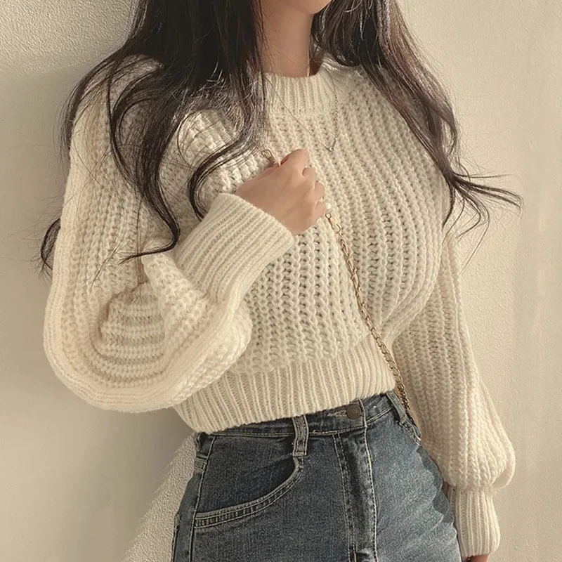 Rimcoy Korean Fashion Cropped Sweater Women 2024 New Round Neck Knitted Jumper Woman Soft Solid Color Long Sleeve Pullover Mujer